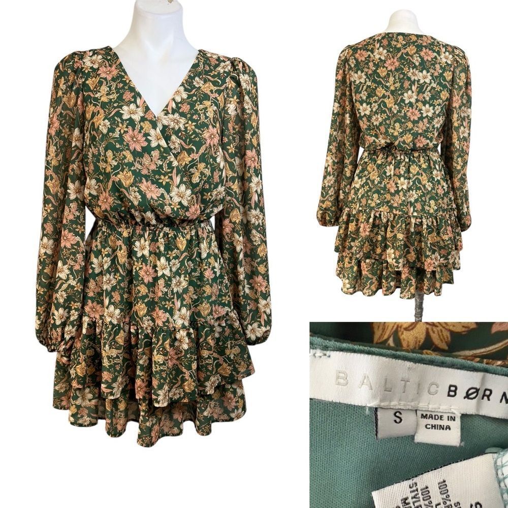 Baltic Born Floral Long Sleeve Dress in Green and Tan